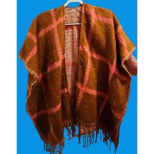 Aerie Womens One Size Brown & Pink Plaid Open Front Poncho Wrap With Fringe